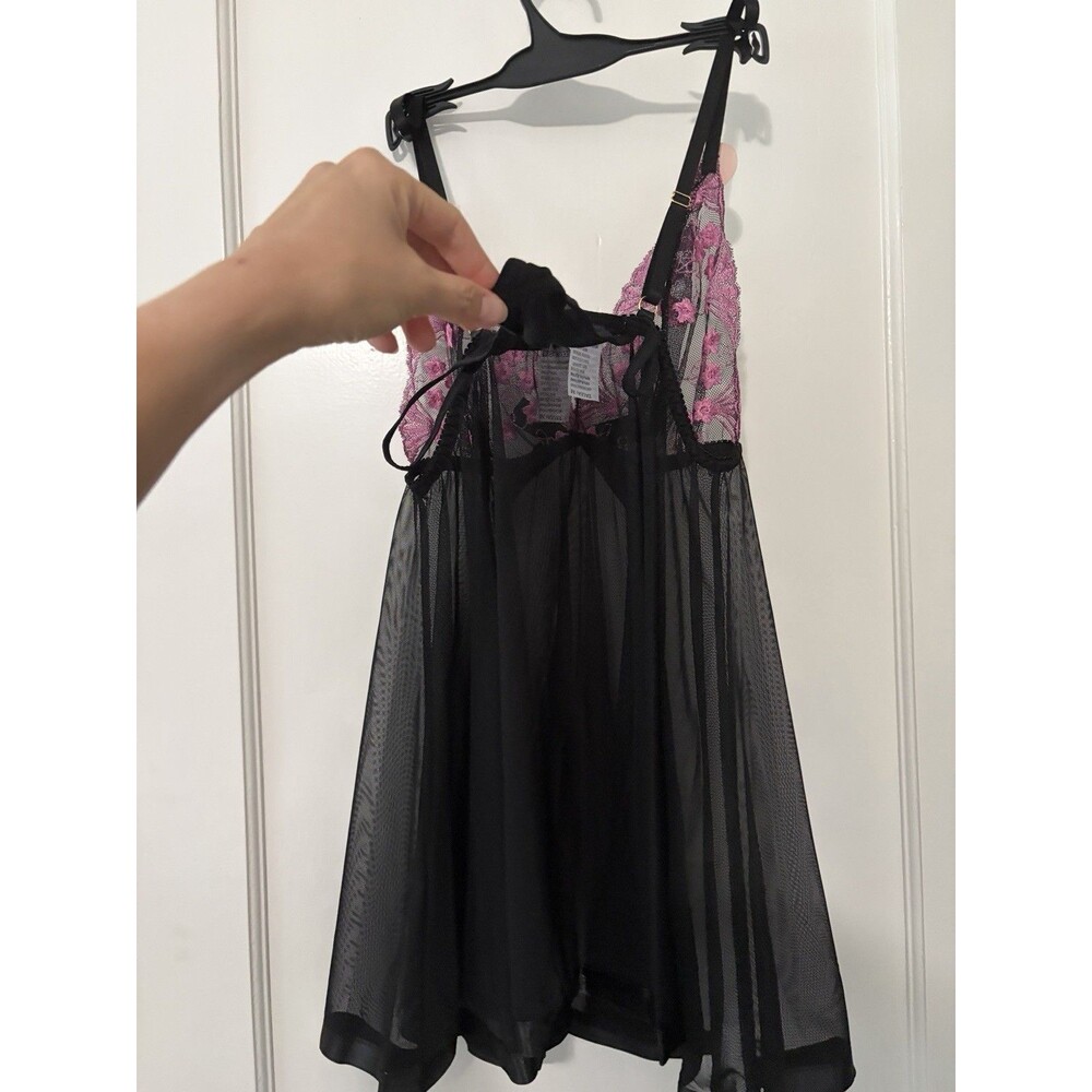 NWT Black Pink Lace Sheer Babydoll Lingerie Thong Set Nightgown Medium Spree - Picture 10 of 10